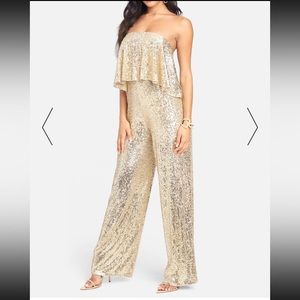 Strapless Sequin Overlay Jumpsuit - Nude/Gold / XXS
